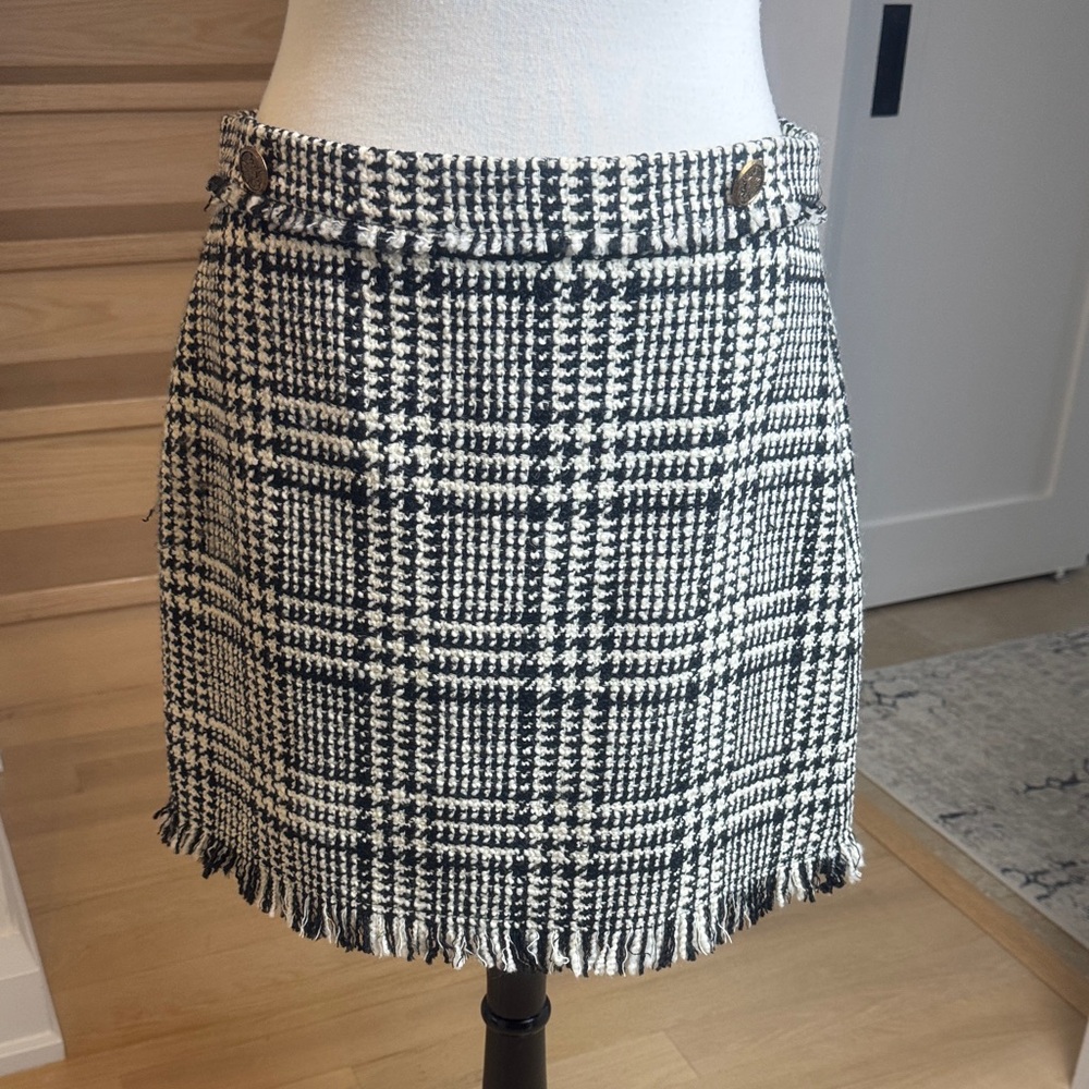Zara Black and White Tweed Plaid Mini Skirt L